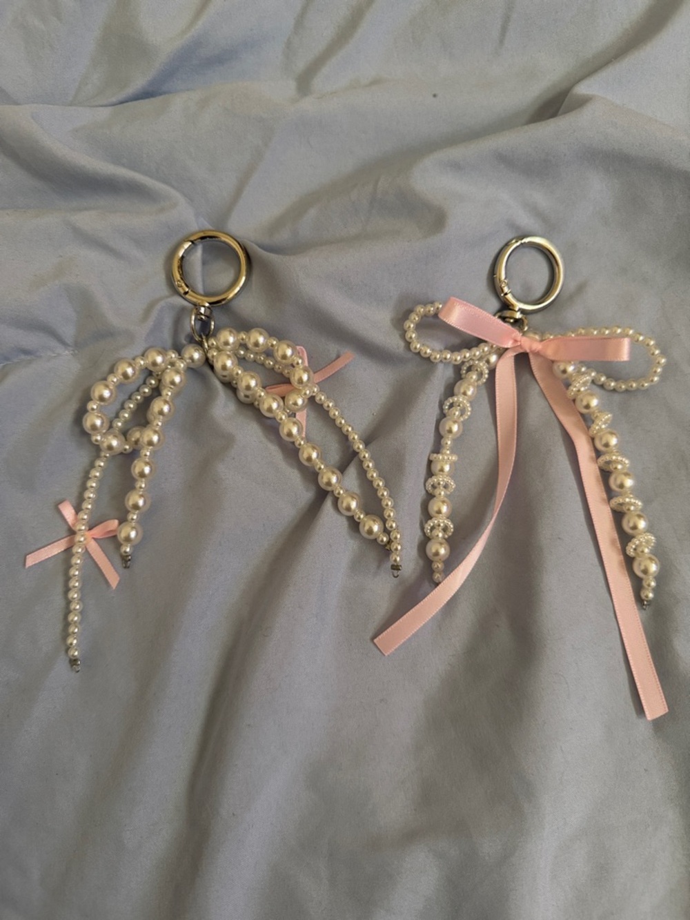 Pearl Bow Keychain Pair with Pink Ribbon